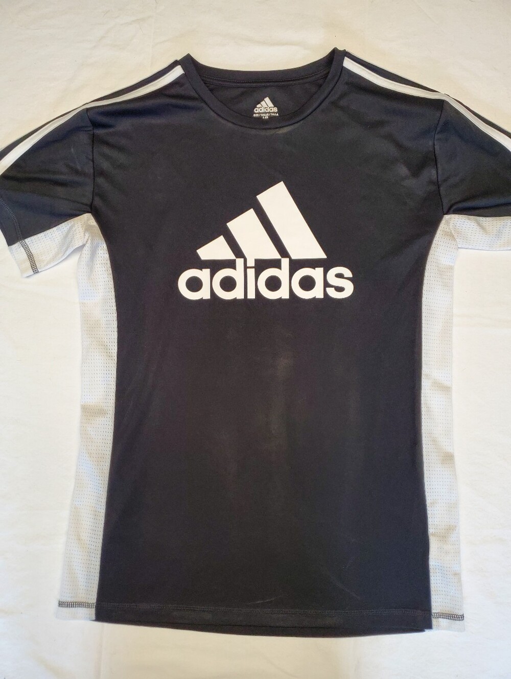 Adidas Boys Jersey Shirt Black White Stripes Size L 14/16 Athletic Logo Tee
